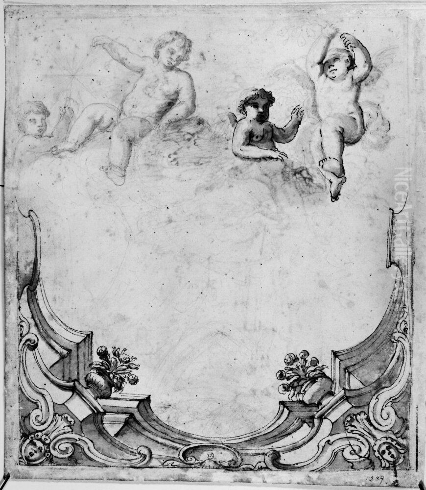Study of a ceiling with four putti Oil Painting by Giovanni Francesco Grimaldi