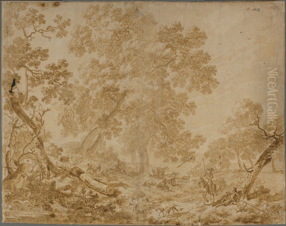 Wooded Landscape with Figures Oil Painting by Nicolaes Pieterszoon Berchem
