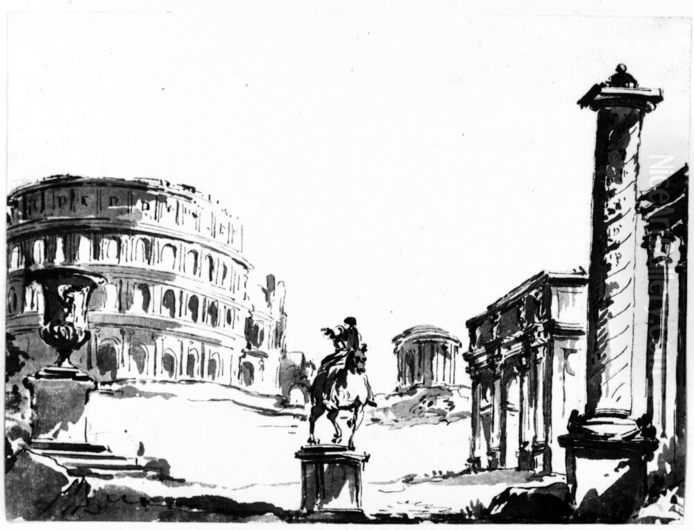 Ruinlandskap med Colosseum, ryttarstaty och Trajanuskolonnen, ca 1756 Oil Painting by Jean Eric Rehn