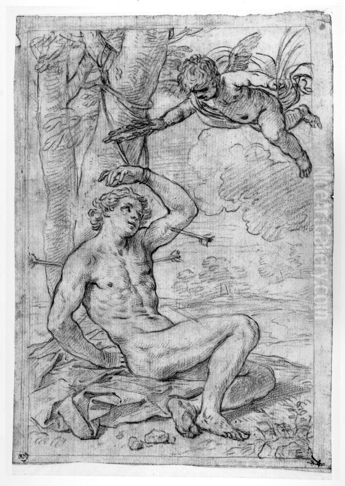 St. Sebastian crowned by an angel Oil Painting by Simone Cantarini (Pesarese)