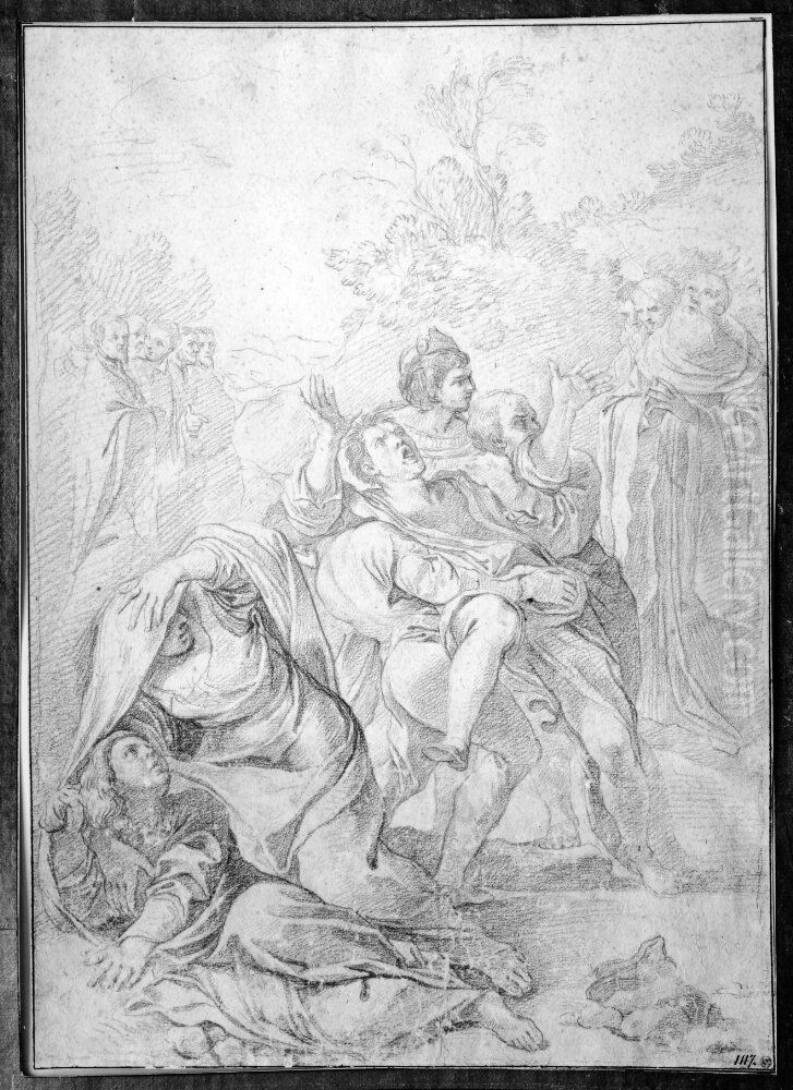 St Benedict Exorcising a Demon Oil Painting by Simone Cantarini (Pesarese)