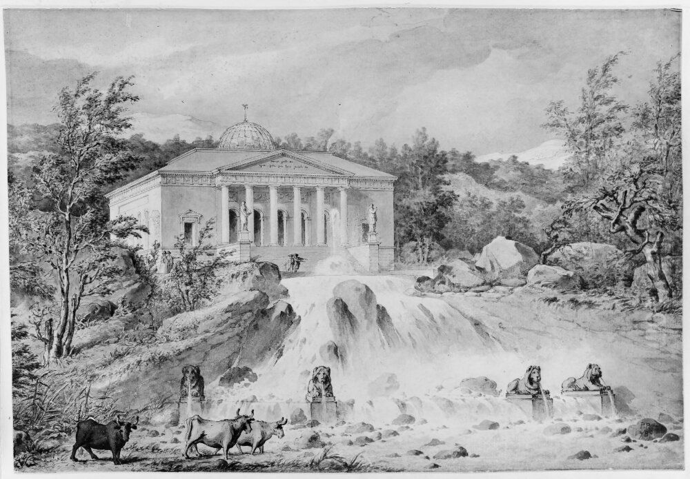 Slottet och vattenfallet Oil Painting by Pierre-Adrien Paris