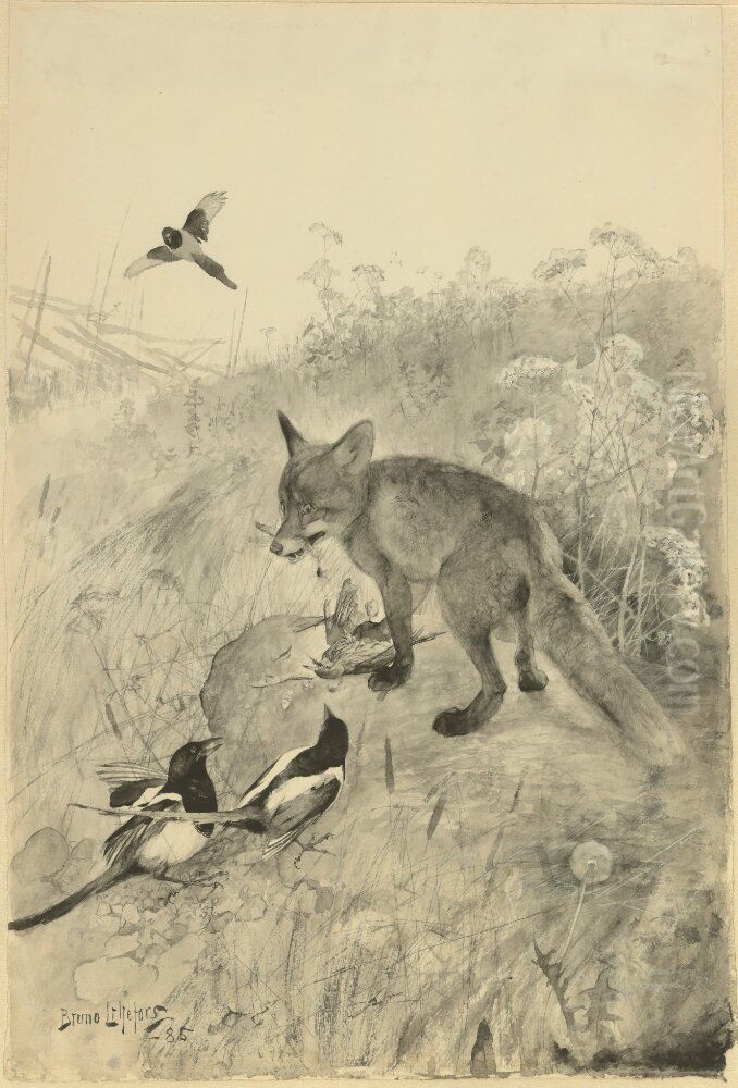 Rav och skator Oil Painting by Bruno Andreas Liljefors