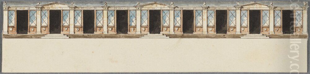 Proposal for a Row of Small Shops. Elevation towards the Street. Proposal for the Norrbro Bazaar? (Proposal Identical with NMH 138/2017) Oil Painting by Carl Christoffer Gjorwell the Younger