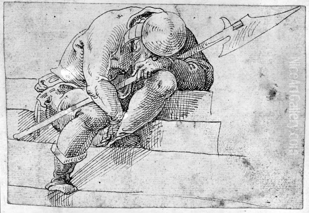 En vaktare vid Kristi grav insomnad over hillebarden Oil Painting by Jost Amman