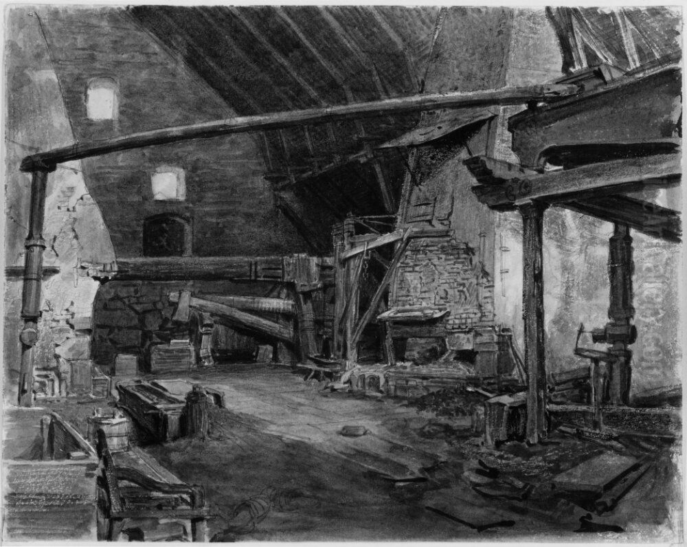 Interior av en stangjarnssmedja vid Forsmarksbruk Oil Painting by Josef Wilhelm Wallander