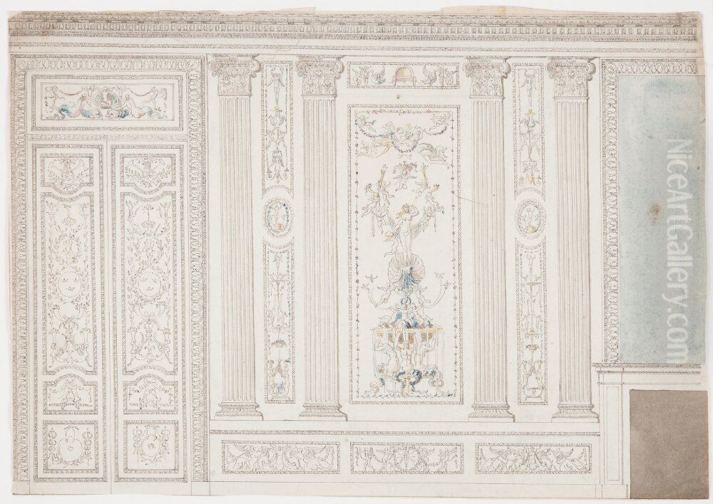 Hagapaviljongen. Forslag till Stora salongen; vaggelevation Oil Painting by Louis Masreliez