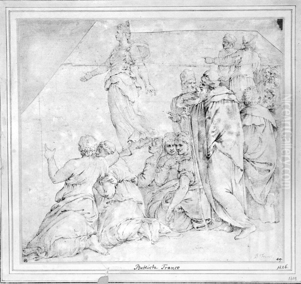 Group of Seated Women and Some Men Standing Oil Painting by Battista Franco Veneziano