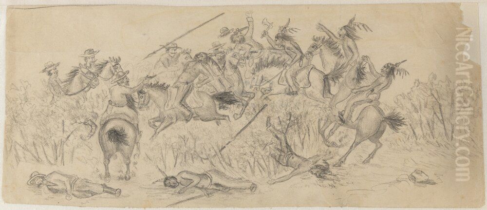 Strid mellan indianer och vita Oil Painting by Ivar Arosenius