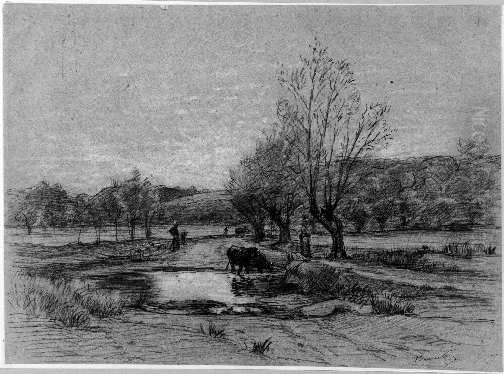 Landskap med en damm Oil Painting by Armand Beauvais