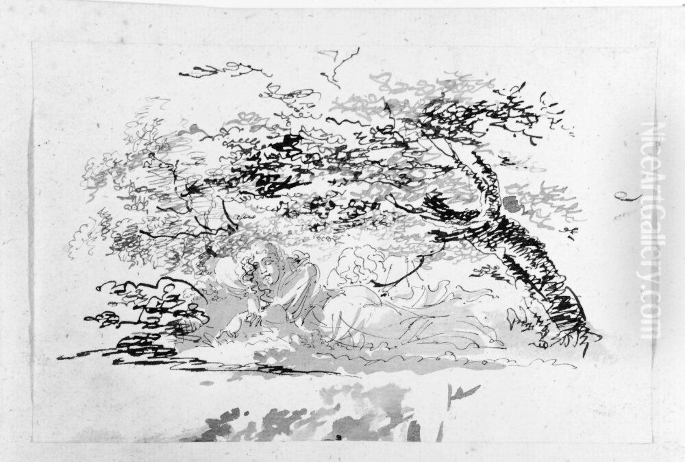 Kvinna vilande under ett trad Oil Painting by Johan Tornstrom