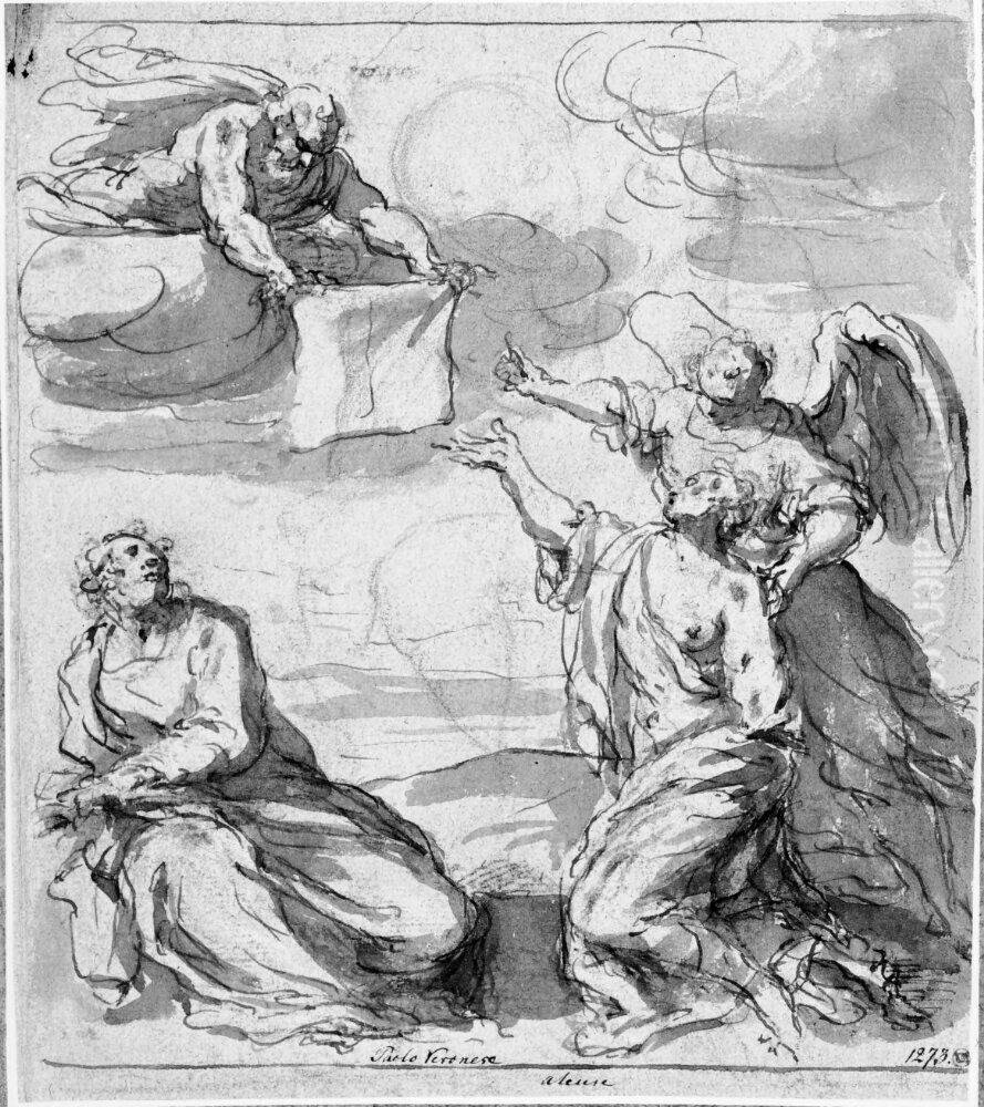 Two Saints, an Angel and a Figure Hovering in the Sky with a Piece of Cloth that He Is Holding Out to the Female Saint Oil Painting by Antonio da Vassilacchi