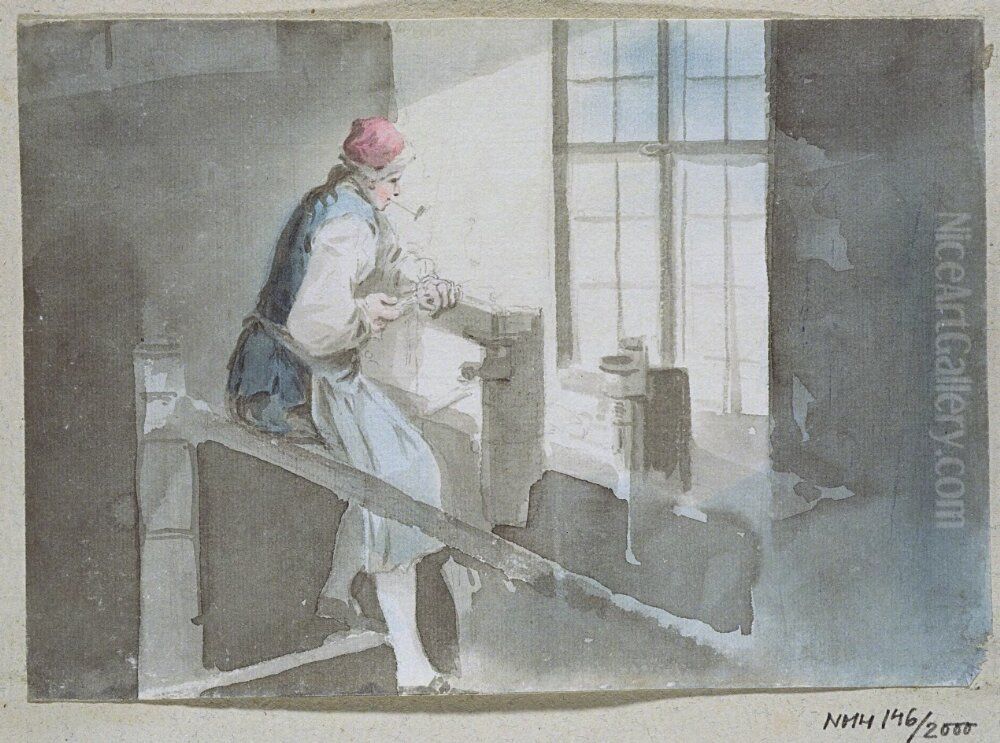 Rokande kvinna vid svarvstol Oil Painting by Johan Fredric Martin