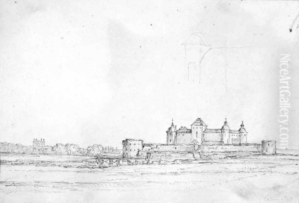 Skissbok. De tre forsta bladen Lacko slott, Kalmar slott, Kalmar kyrka, Helgerum, Stegeborg Oil Painting by Carl Johan Fahlcrantz