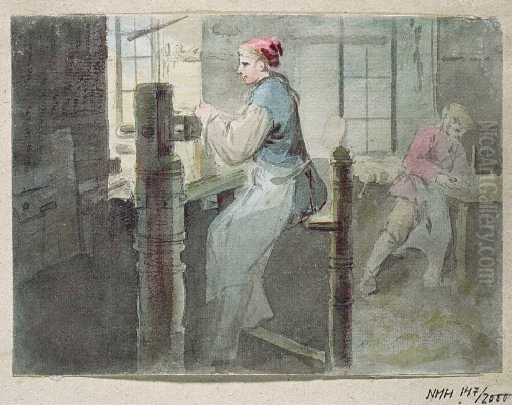 Snickarinterior med kvinna arbetande vid svarvstol Oil Painting by Johan Fredric Martin