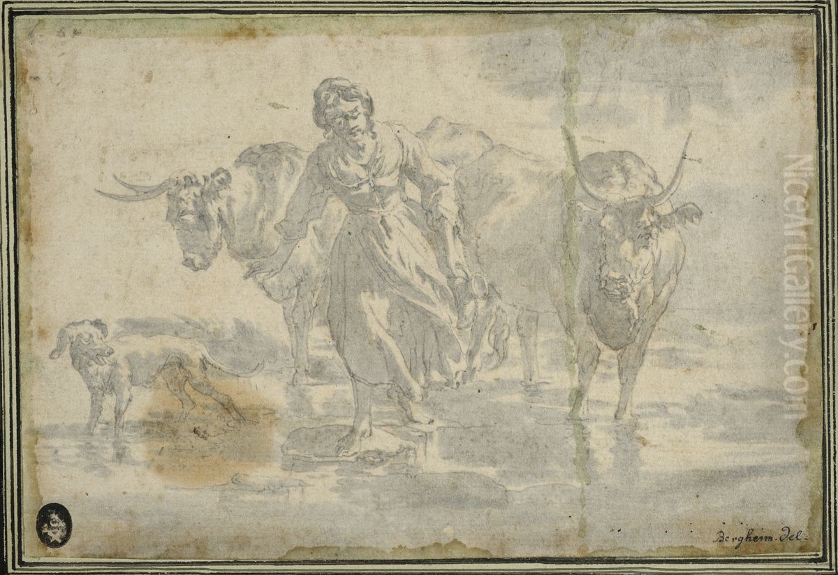 Piga som vattnar boskap Oil Painting by Nicolaes Pieterszoon Berchem