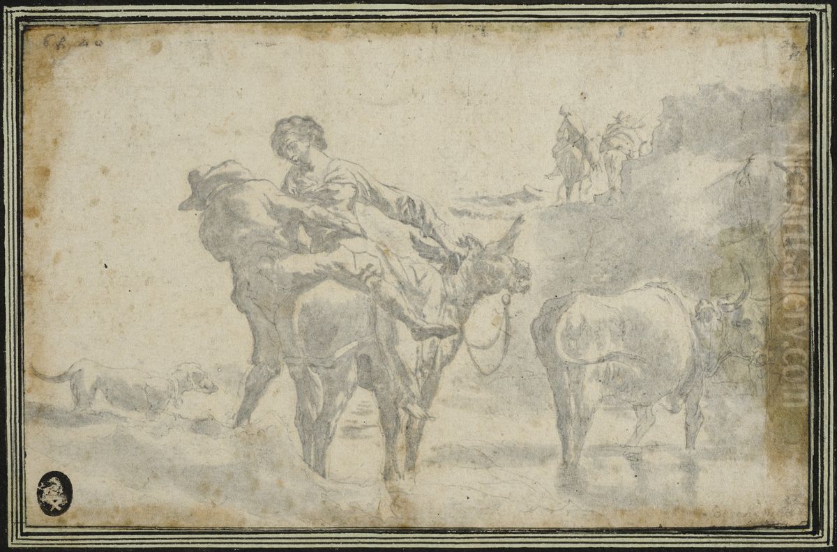 Lantlig scen med par som sitter upp pa en asna Oil Painting by Nicolaes Pieterszoon Berchem