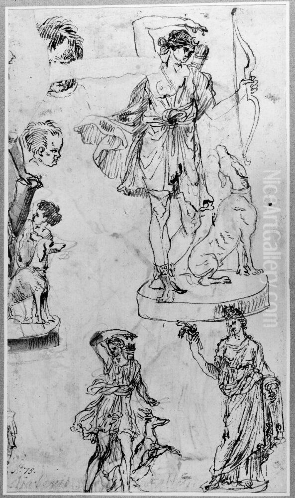 Two statues of Diana and one of Ceres and cut off Diana and Putto Oil Painting by Giovanni Francesco Grimaldi