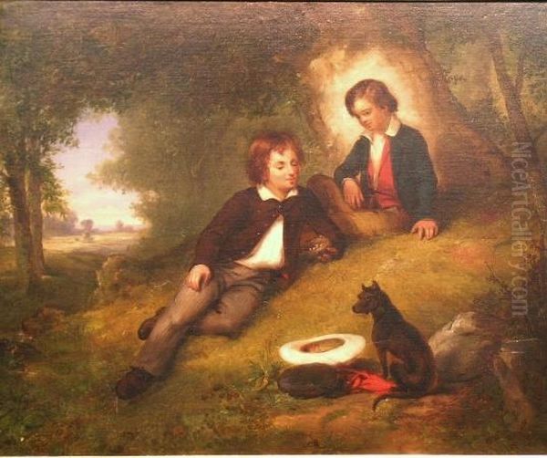 Two Young Boys In A Forest Clearing Examining A Bird's Nest Oil Painting by James Harvey Cafferty