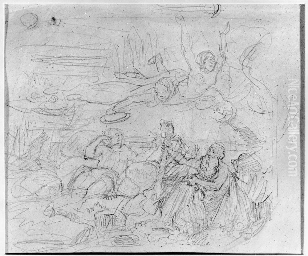 Nacken med harpa och en sovande gosse Oil Painting by Kilian Christoffer Zoll