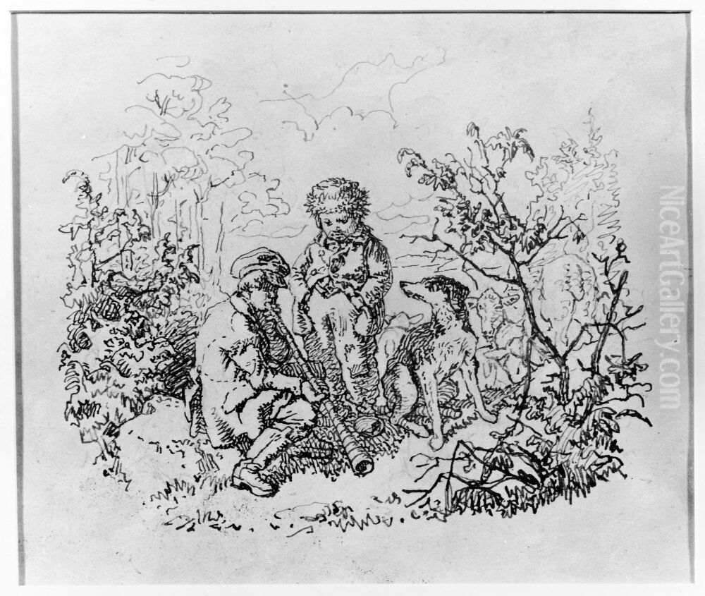 Landskap med tva barn och hund Oil Painting by Kilian Christoffer Zoll