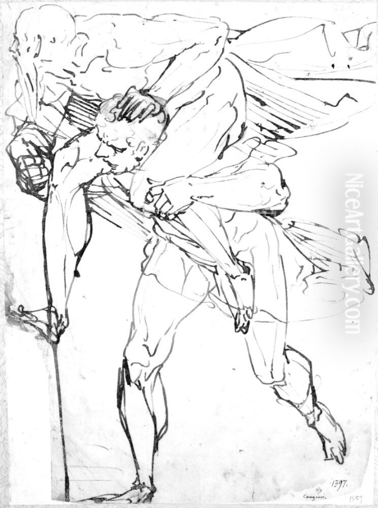 Aeneas Flees from Troy Bearing Anchises on His back Oil Painting by Luca Cambiaso