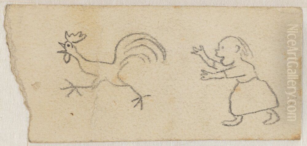 Flicka och tupp. Anknytning till Kattresan Oil Painting by Ivar Arosenius