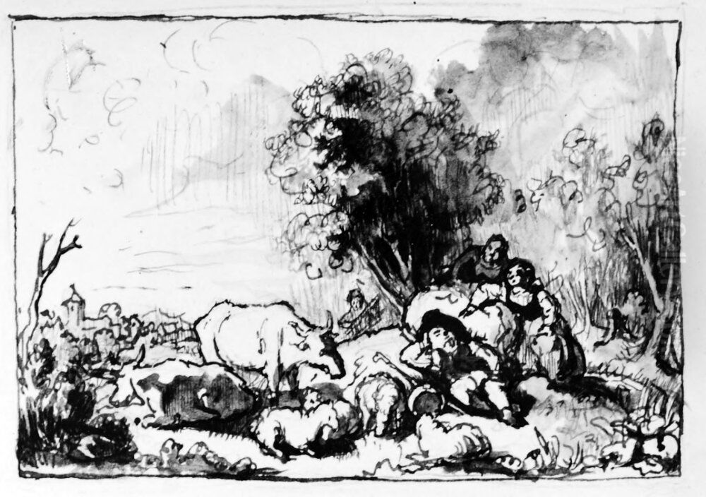 Landskap med herdegosse Oil Painting by Kilian Christoffer Zoll