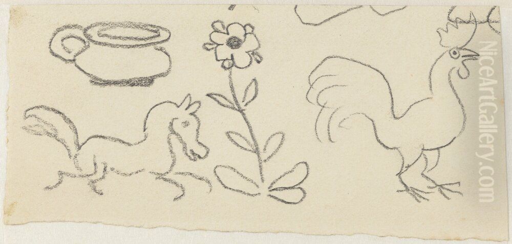 Potta, hast, blomma, och tupp. Anknytning till Kattresan Oil Painting by Ivar Arosenius