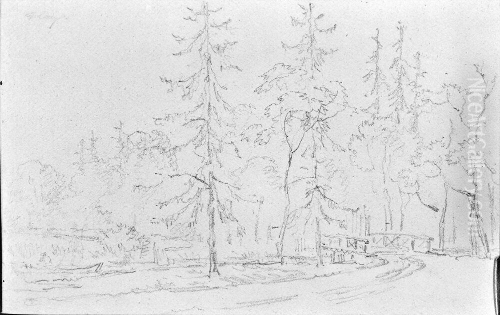 Skissbok. Tva blad med vaderkvarnar, i ovrigt tradstudier Oil Painting by Carl Johan Fahlcrantz