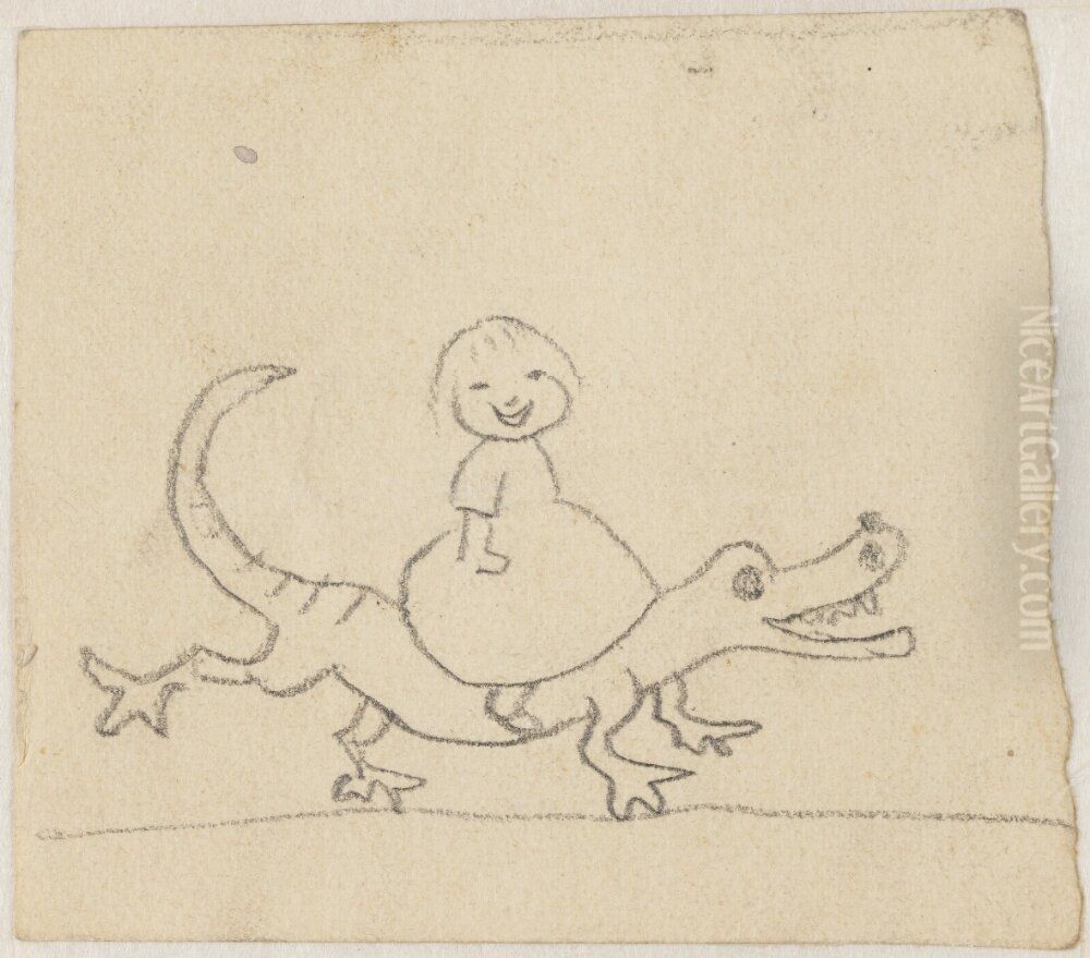 Flicka pa krokodil. Anknytning till Kattresan Oil Painting by Ivar Arosenius