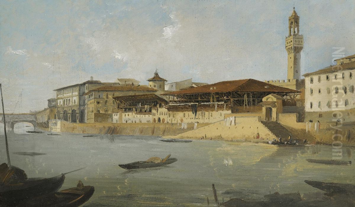 Florence, A View Of The Arno With The Tiratoio Delle Grazie Oil Painting by Ippolito Caffi