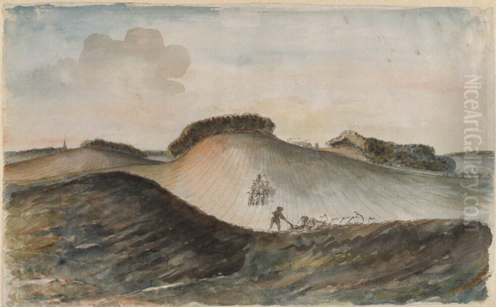 Backiga akrar med plojande bonder i trakten av Tosterup Oil Painting by Carl August Ehrensvard