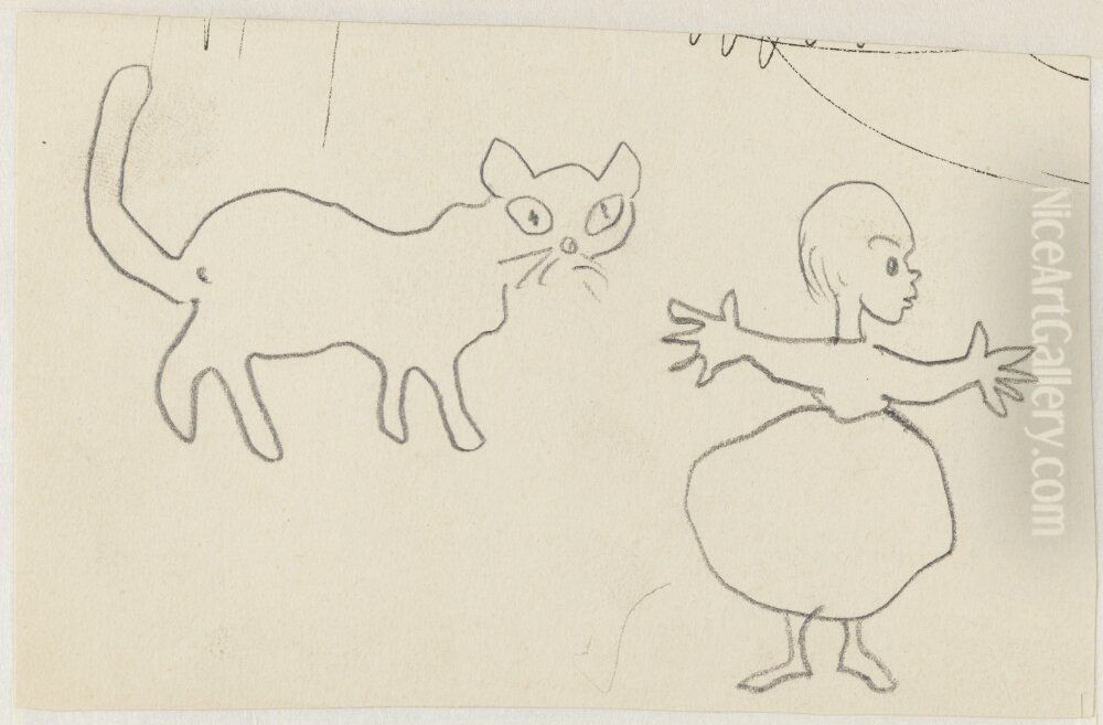 Katt och flicka. Anknytning till Kattresan Oil Painting by Ivar Arosenius