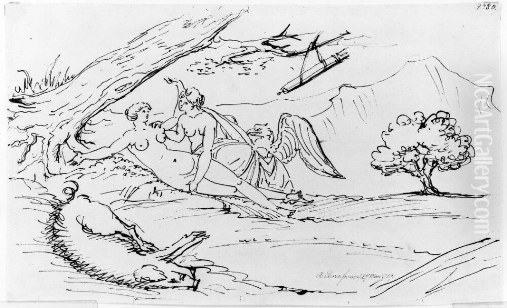 Zevs och Callisto liggande under ett trad Oil Painting by Carl August Ehrensvard