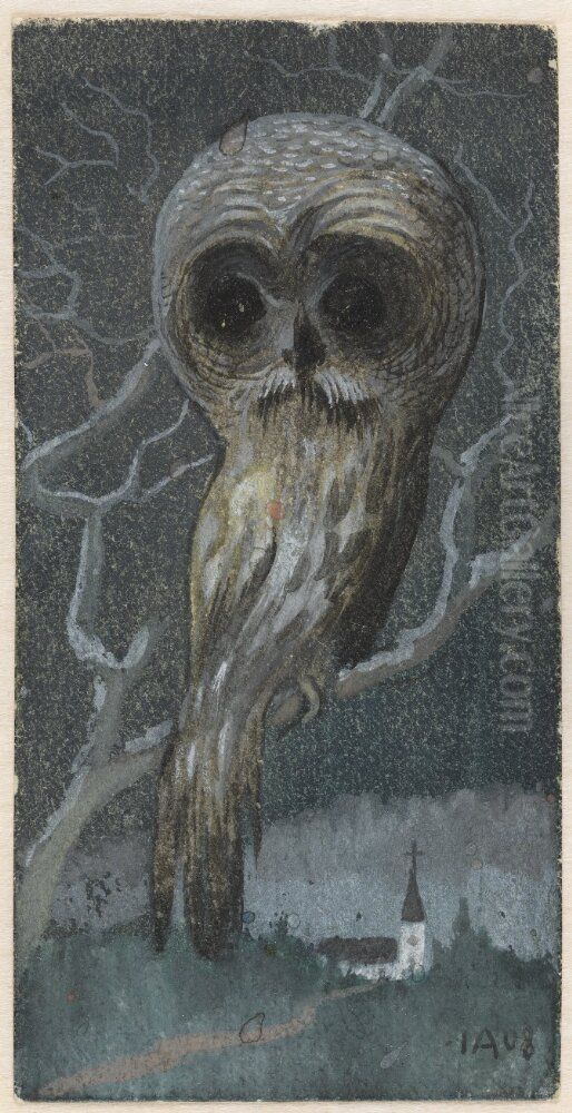Uggla med dodskallehuvud Oil Painting by Ivar Arosenius