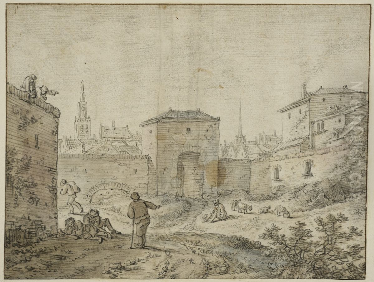 Utanfor en stadsport Oil Painting by Herman Saftleven