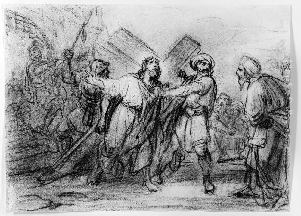 Jesus bar sitt kors Oil Painting by Octave Tassaert