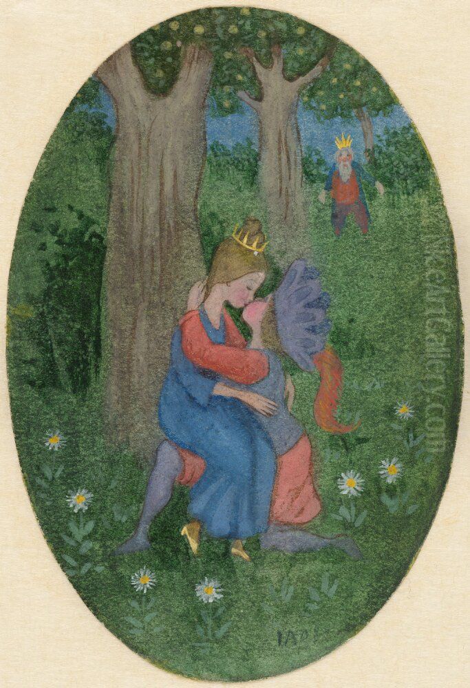 En karlekssaga. Serie om fyra bilder. 1, Idyll med prinsessa och kavaljer Oil Painting by Ivar Arosenius