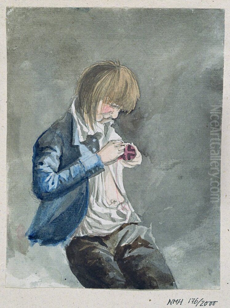 Sittande gosse med tradrulle Oil Painting by Johan Fredric Martin