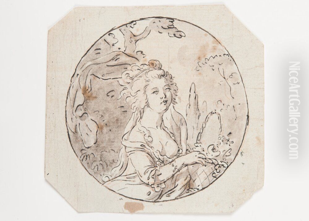 Kvinna med blomsterkorg (studie till miniatyr) Oil Painting by Jean-Baptiste Jacques Augustin