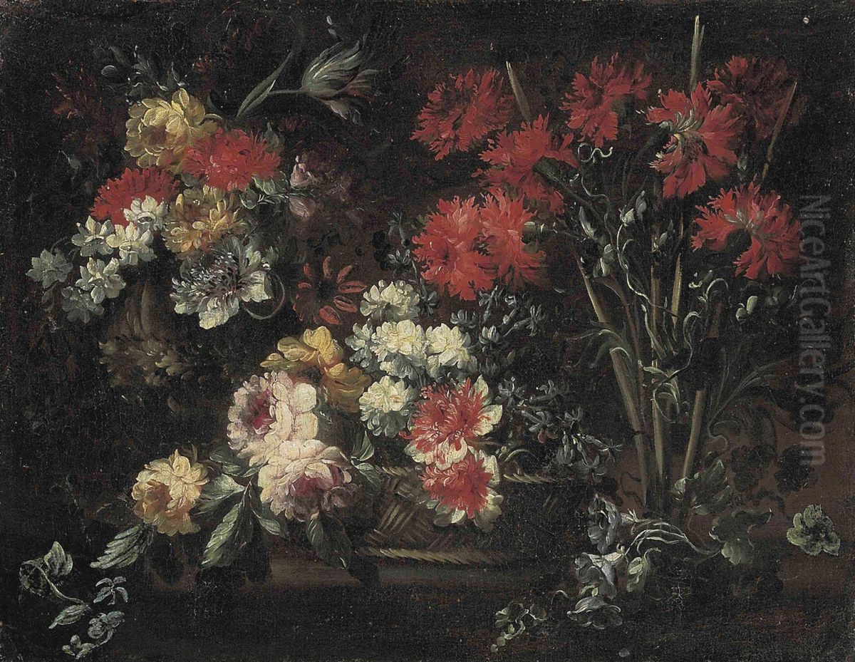 Roses, Chrysanthemums And Other Flowers In A Wicker Basket,Carnations, Roses, Narcissi And Other Flowers On A StoneLedge Oil Painting by Margherita Caffi