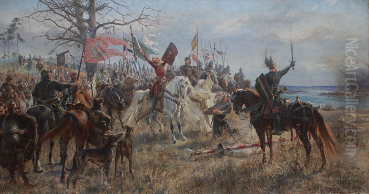 Vytautas' oath (Vytautas the Great, Grand Duke of Lithuania, swearing his revenge to the Teutonic Knights for the burned and ruined Kaunas Castle in 1362) Oil Painting by Jan Styka