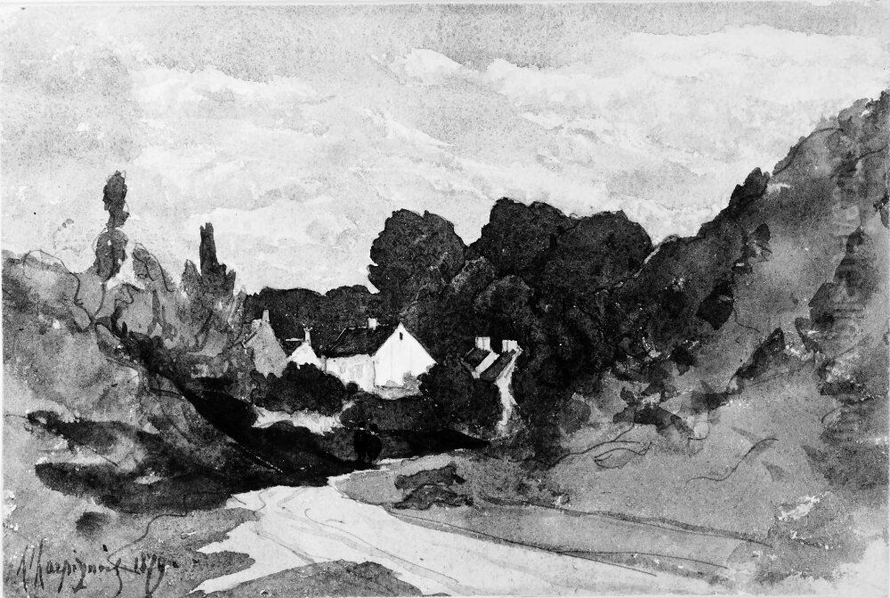 Dalgang med vita hus Oil Painting by Henri Harpignies