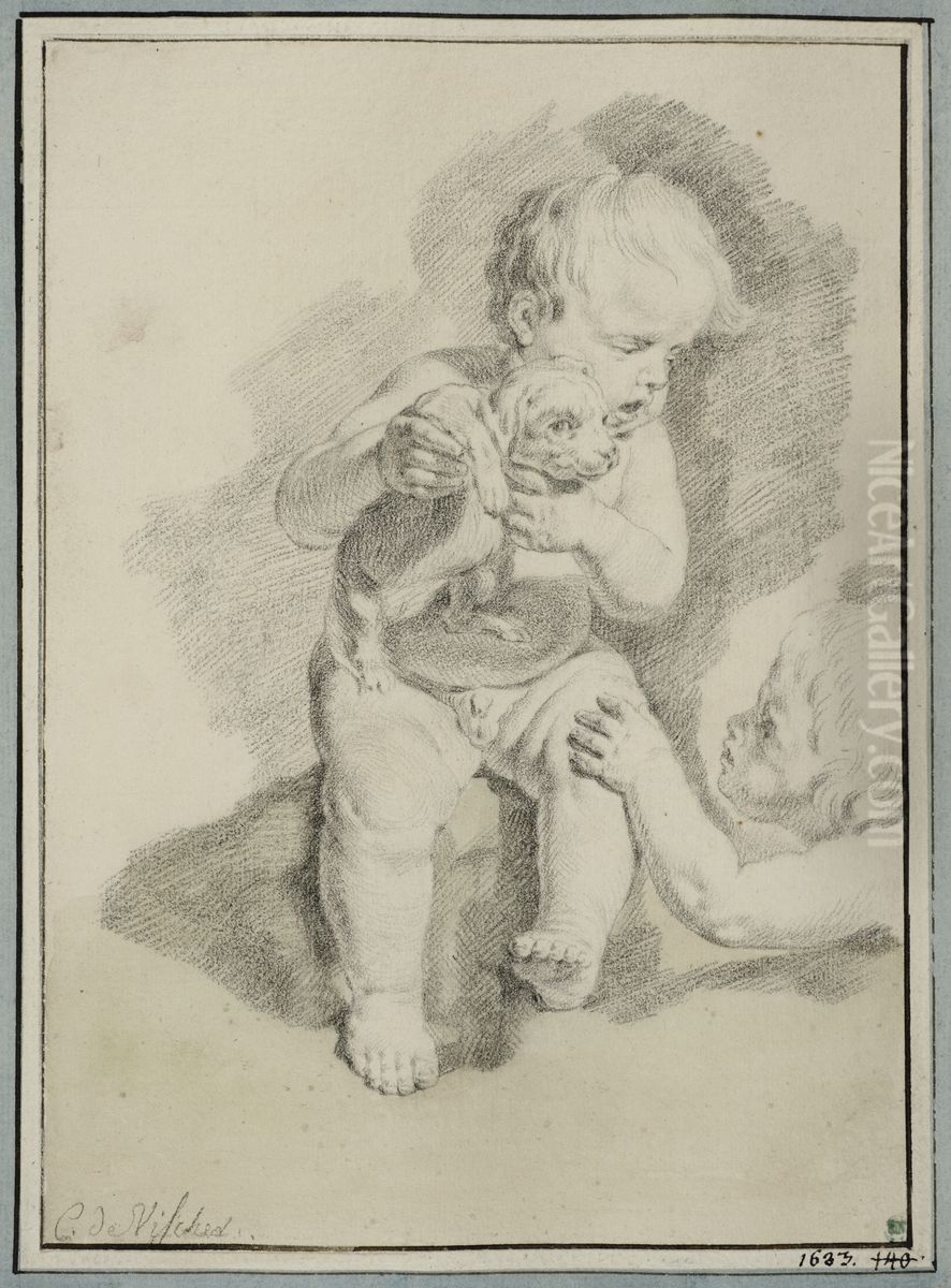 Tva putti leker med en hundvalp Oil Painting by Cornelis Ii Visscher