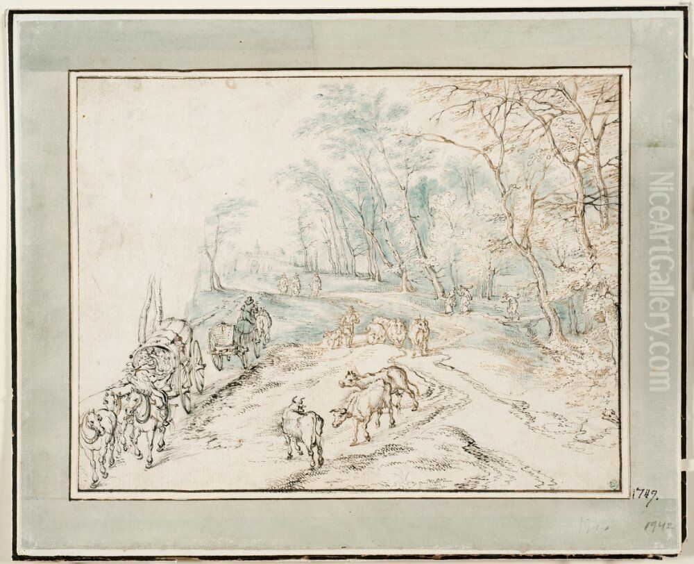 A Woodland Road with Travellers, Herdsmen and CattleEngelsk titel Oil Painting by Jan Brughel