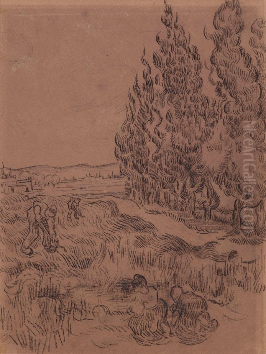 Cypresses with four people working in the field Oil Painting by Vincent Van Gogh