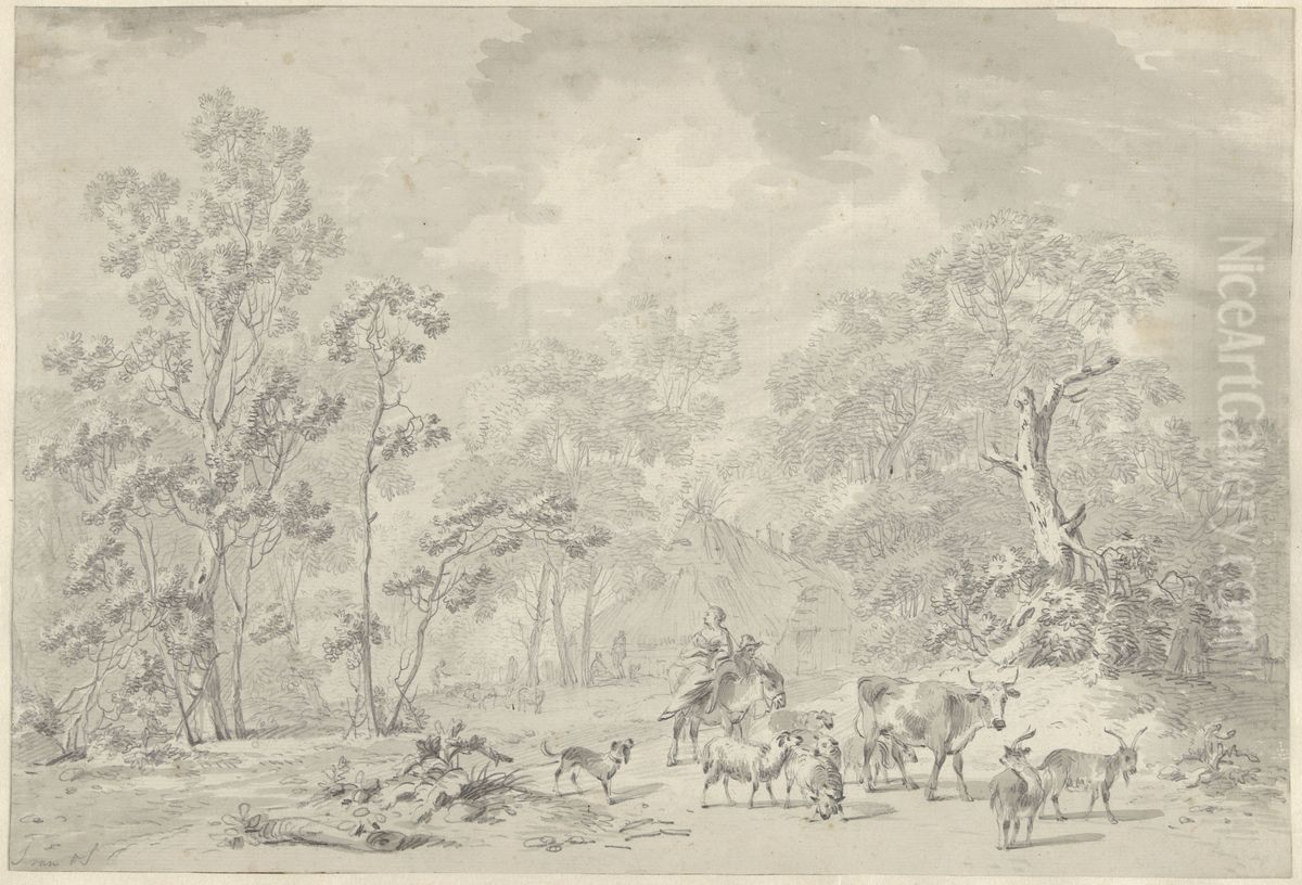 Herder en vee in een boomrijk landschap Oil Painting by Jan van Os