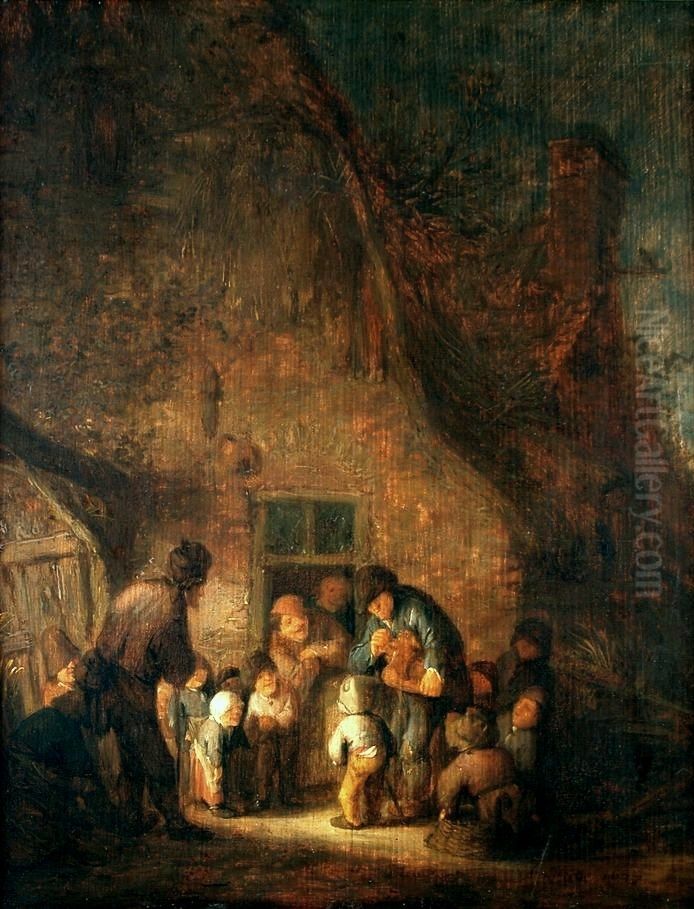 Rondreizende liereman met toehoorders voor een boerderij Oil Painting by Adriaen van Ostade