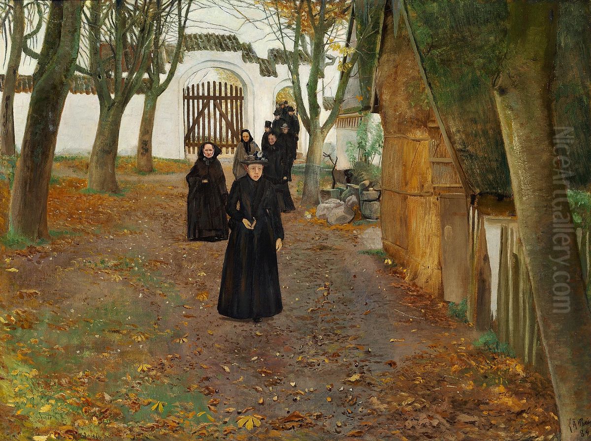 People leaving the church at Mogenstrup Oil Painting by Laurits Andersen Ring